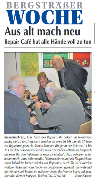 Zeitungsartikel zum Repair Cafe in der Bergsträßer Woche