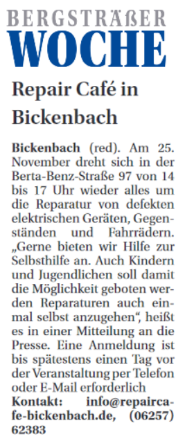 Zeitungsartikel zum Repair Cafe in der Bergsträßer Woche